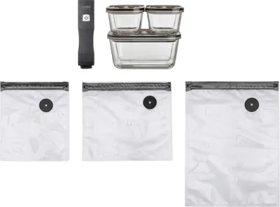 A collection of vacuum sealing accessories, including a handheld vacuum sealer, glass containers, and vacuum seal bags, arranged against a white background.