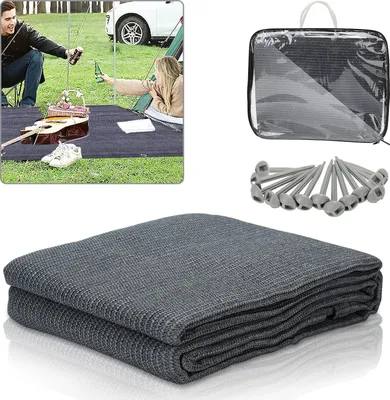 Productafbeelding van Campingtapijt voor de voortent, gemaakt van HDPE, 240 g/m², afmetingen 250 x 300 cm, blauwgrijs, 1 tapijt met 13 haringen, UV-bestendig en aan beide zijden bruikbaar