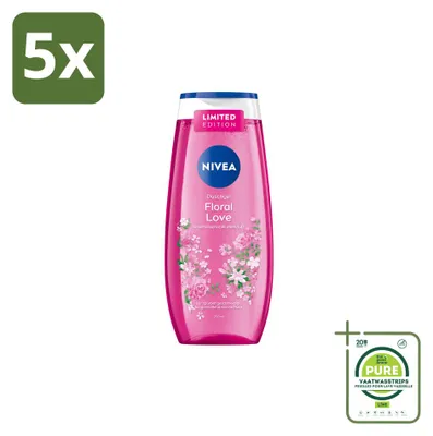 Immagine prodotto di 5 flaconi di bagnoschiuma Nivea Floral Love, 250 ml ciascuno, confezione grande, 5 pezzi