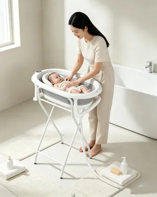 Produktbild von Babybadewanne mit Gestell,XL Baby Badewanne Faltbar mit Thermometer,Badesitz& Ablaufsystem,Babybadewanne Neugeborene,für Baby Geschenk 81x47x90cm