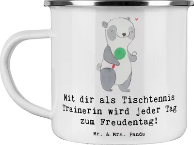 Produktbild von Mr. & Mrs. Panda Teetasse Tischtennis Trainerin Freudentag - Weiß - Geschenk, Trainingseinheit, Sportart, becher emaille, Danksagung, Kaffeepott, Blechtasse, Tasse, Pott