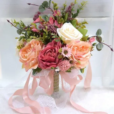 Produktbild von Famanu Kunstblumenstrauß - Brautstrauß für Brautjungfern - Hochzeitsdekoration - Rosa