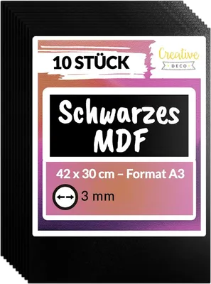 Produktbild von Creative Deco 10 x čierne MDF dosky formátu A3 | 420 x 300 x 3 mm | Tenké drevené dosky | Ideálne pre laser, CNC frézu, modelovanie, askézu, frézovanie