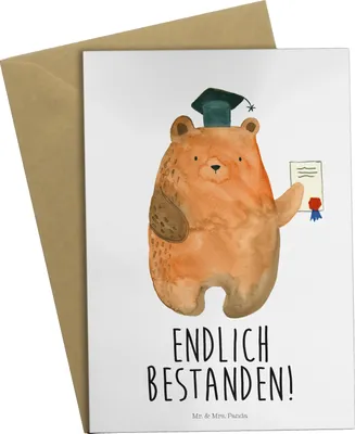 Produktbild von Mr. & Mrs. Panda Glückwunschkarte Bär Prüfung - Weiß - Geschenk, dankeskarten, Abitur, weihnachtskarten, einladungskarten, hochzeitskarten, osterkarte, Abschluss, Zeugnis
