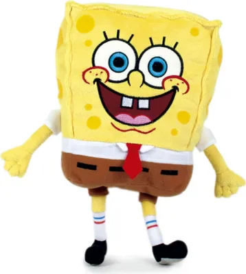 A plush toy of the cartoon character SpongeBob SquarePants is shown against a white background.