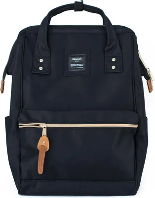A black backpack is shown against a white background.