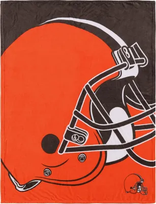 A close-up of a Cleveland Browns NFL helmet graphic on a blanket.