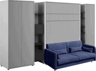 Produktbild von Schrankbett mit sofa Bed Concept 140x200 cm Lenart Led Beleuchtung Taschenfederkernmatratze Bett im Schrank Klapbett Grau/Marineblau