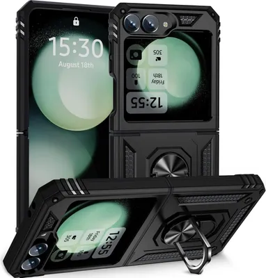 Obrázek produktu pro Pouzdro pro Samsung Galaxy Z Flip 6 / Z Flip 7 FE dvouvrstvé robustní, vojenská ochrana pouzdro s držákem prstenu a stojánkem Černý
