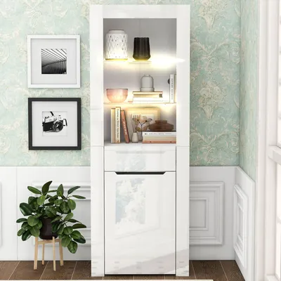 Immagine prodotto di MODFU Vetrina, libreria, vetrina a pavimento, mobile contenitore con ripiani per cucina, soggiorno, ufficio, sala da pranzo, bianco