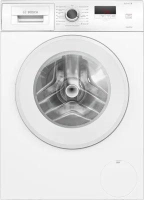 A front view of a white Bosch washing machine.