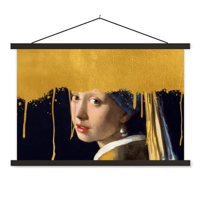 Obrázok produktu pre MuchoWow® Textilný plagát - Dievča s perlovou náušnicou - Zlato - Vermeer - 150x100cm - S čiernymi lamelami