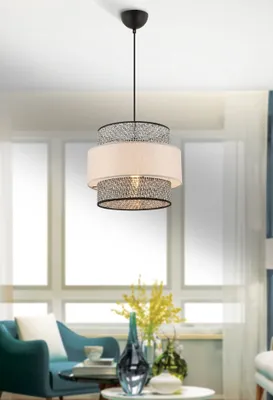 Produktbild von Opviq, Elegante Deckenleuchte (Chandelier) aus Metall, Grau-Beige, 65 cm hoch | Stoffschirm 30 x 30 cm, E27 Fassung, max. 60 W | , ideal für moderne Wohnräume.