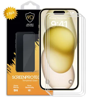Productafbeelding van 3-Pack MobyDefend Screenprotectors - Geschikt voor iPhone 15 - Case-Friendly Screensavers - Gehard Glas