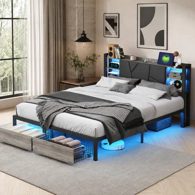 Obrázok produktu pre INONEFT Posteľ s úložným priestorom 140x200 cm, s 4 zásuvkami, čalúnená posteľ s LED osvetlením, USB portom a portom typu C, kovový rošt, farba: čierna