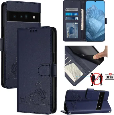 Produktbild von Leder Hülle für Google Pixel 6 Pro Süße Katze Flip Case Brieftasche Schutzhülle mit Standfunktion Blau