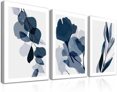 Productafbeelding van Famanu wanddecoratieset bestaande uit 3 canvasprints - Botanisch thema - Blauwe bloemen - Aquarel