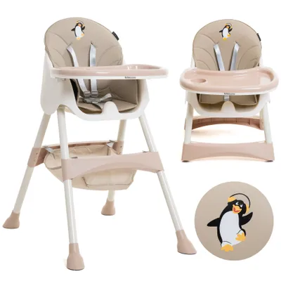 Image de Bebelissimo - Chaise haute bébé 2 en 1, Chaise haute pour enfant, Chaise bébé, Chaise haute combinée, de 6 mois à 20kg, Housse en PU, Facile à nettoyer, Plateau réglable amovible - Disco Pingouin - beige