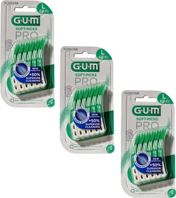 Three packages of GUM Soft-Picks Pro interdental brushes are displayed against a white background.