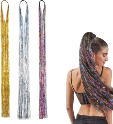 Produktbild von 3 Farben Haarweft Haar Tinsel Extensions Lametta Strähnen Set Haarweben 120 cm Strähnen Lange Haarteil Zubehör für Mädchen und Frauen