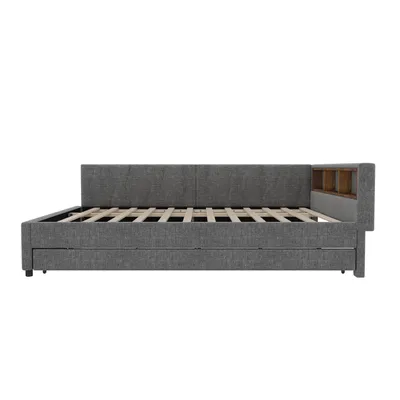 Produktbild von Merax Tagesbett Daybett 140x200 cm, mit Ausziehbett 90x190 cm, Gästebett mit LED, USB+Typ C, Schlafsofa, Leinen Polsterbett, Grau