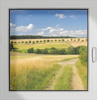 Produktbild von Wallario Lichtschutzbild, Dekorativer Sichtschutz Sonnenschutz 96 x 93 cm mit Motiv: Feldlandschaft unter blauem Himmel - Verdunklung ohne Bohren