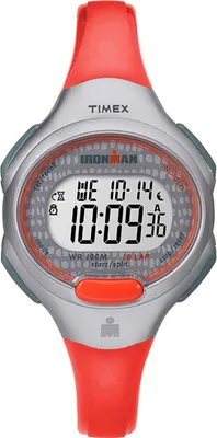 A digital watch with a red strap and silver casing.