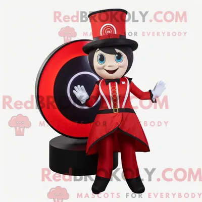 Produktbild von Maskottchenfigur REDBROKOLY eines roten Zirkusdirektors mit Minikleid und Kummerbund
