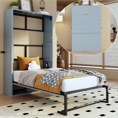 Immagine prodotto di Letto a scomparsa Murphy Bett 90x200 con struttura in metallo e MDF, telaio pieghevole con sistema di fissaggio a parete e meccanismo a scomparsa, bianco/grigio