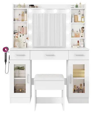 Immagine prodotto di Comò da trucco - Tavolino da parrucco - 3 cassetti - 2 ante - Specchio con illuminazione LED - Sgabello - 110 x 40 x 140 cm - Bianco