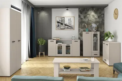 Produktbild von Wohnzimmer Set FINO I, Möbelset mit 3 Kommoden, Couchtisch und Kleiderschrank, Wohnwand Komplettset für Wohnzimmer und Esszimmer, beige, Kaschmir