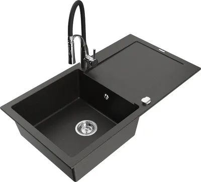 Produktbild von Mexen Leo 1 Becken-Granitspüle mit Abtropffläche und Mischbatterie Aster, Schwarz/Gold metallisch - 6501-75-73450-07