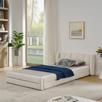 Obrázek produktu pro Jednolůžko 90 x 200 cm, měkká, příjemná na dotek chenille látka, pohodlné opěradlo, vhodné také jako dětská postýlka, béžová barva (matrace není součástí dodávky)