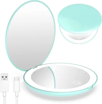 Produktbild von LED-Kompaktspiegel, wiederaufladbar, 1x/10x Vergrößerung, dimmbar, ideal für Reisen und als Kosmetikspiegel, Taschenspiegel für Handtasche oder Portemonnaie, handlicher, zweiseitiger Spiegel, Geschenkidee für Mädchen, Cyan,Cyan