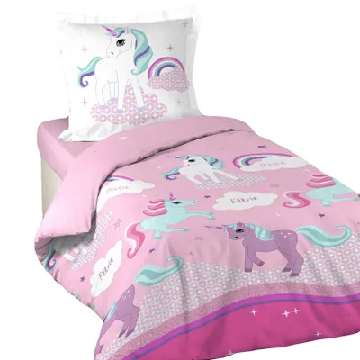 A unicorn-themed duvet cover and pillowcase set.