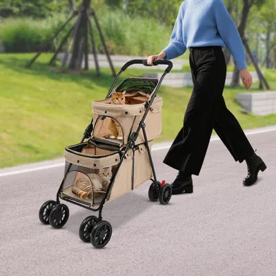 Image de Poussette pour chien et chat - 2 niveaux - Fenêtres en filet - 4 roues avec freins - Pliable - Capacité de charge : 15 kg en haut, 15 à 20 kg en bas - Kaki