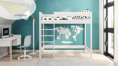 Produktbild von Hochbett Hugo 180x80 Kinderbett mit Rausfallschutz & Lattenrost weiß 80 x 180 für Mädchen und Jungen Massivholz Kiefer, mit Matratze