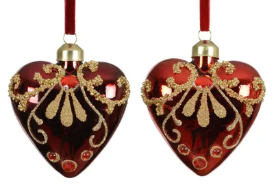 Rotes Herz aus Glas mit goldenen Verzierungen, Schmucksteinen und rotem Samtband zum Aufhängen