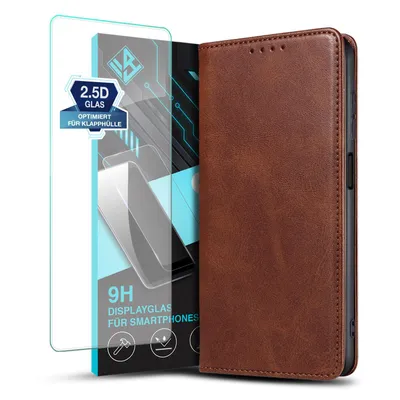 Produktbild von Handyhülle für Samsung Galaxy A25 5G mit 9H Displayglas Kunstleder Flip Cover Hülle Handytasche Case Kartenfach Farbe: Dunkelbraun