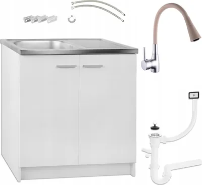 Zdjęcie produktu dla Biała Szafka Kuchenna +Zlewozmywak 80 x 50 Bateria Beż Elastyczna 2w1 Syfon