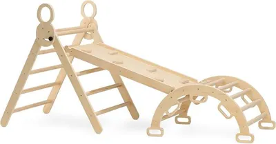 Imagen del producto de Silecomplaza: Set de juegos interior Montessori para bebés y niños - Muro de escalada, estructura de escalada triangular 5 en 1, triángulo, juguete de escalada plegable para bebés, de madera, para niños de 3 a 8 años, tobogán, arco - Color natural