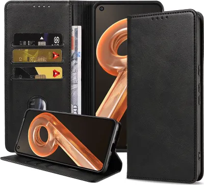 Produktbild von Smartphonica Handytasche geeignet für Realme 9i Kunstledertasche mit Magnetverschluss und Kartenhalter Buchhülle mit Klappe - Schwarz