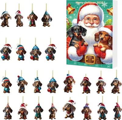 A collection of Christmas-themed dachshund ornaments and a Christmas advent calendar featuring Santa Claus and dachshunds.