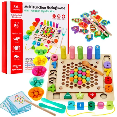Produktbild von 6-in-1-Lernspielset aus Holz für Kinder ab 3 Jahren: Sortierspiel mit Angelmotiven und Zahlenlernspiel
