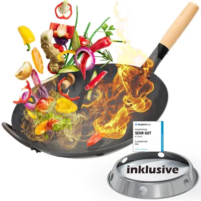 Produktbild von Wok Pfanne inkl. Wokring - Geeignet als Wokpfanne Induktion sowie für den Grill und Gasherd - Wok Pfanne aus robusten Kohlenstoffstahl - Woks & Wokpfannen