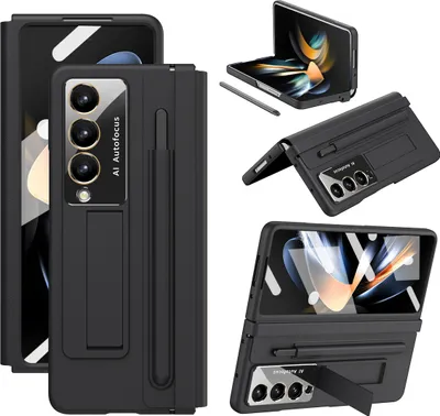 Image de Étui en cuir pour Samsung Galaxy Z Fold 4 5G avec charnière en cuir, protection d'écran, support et porte-stylet noir