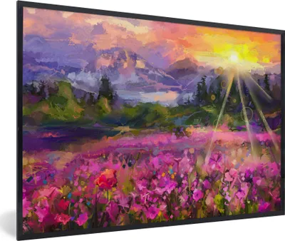 Produktbild von MuchoWow® Gerahmtes Poster Gemälde - Ölfarbe - Blumen - Natur - Sonne 60x40 cm - Poster mit Schwarzem Bilderrahmen Wandposter Rahmen Foto Bilder - Printing - Wanddeko Schlafzimmer