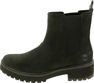 A black Timberland Chelsea boot is shown from the side against a white background.