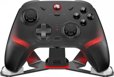 A black gaming controller with red accents is displayed on a black stand with red lighting.