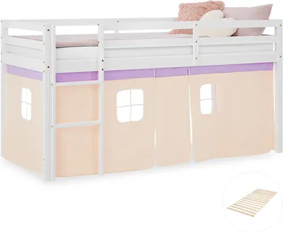 Image de Lit superposé 90x200 cm avec Sommier à lattes Lit mezzanine en Bois Pin Massif Rideau Violet Pêche